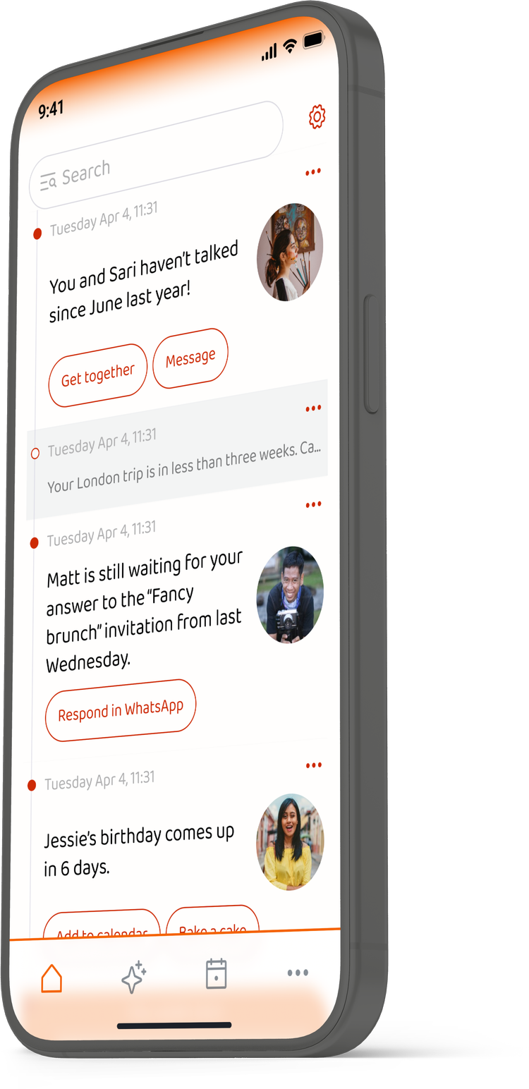 The Bekodu app showing suggested meetups with contacts.